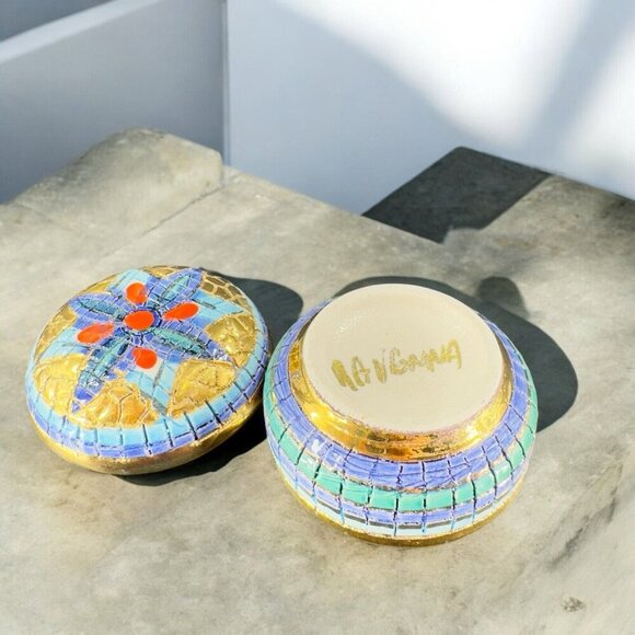 Signed Italian Round Hand Painted Trinket Dish W Lid Jewelry Holder Storage VTG - Picture 2 of 12